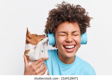Happy curly woman poses with favorite pedigree dog spends free time with pet listens music via wireless headphones wears blue t shirt isolated over white background. Best loyal friend concept