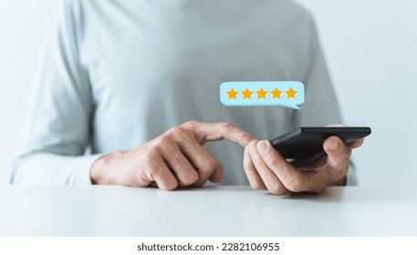 Happy customer or client review best product performance and excellent service quality feedback. Corporate or company positive reputation online survey, good evaluation rating and ranking - Shutterstock ID 2282106955