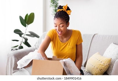 Happy Customer Concept. Portrait Of Excited Black Woman Opening And Unpacking Cardboard Box Parcel, Sitting On The Couch In Living Room At Home. Young Happy Female Satisfied With Delivery Service