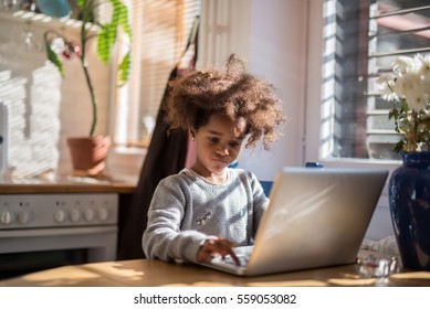 Happy Cute African American Girl Using A Computer.