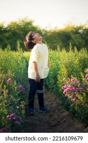 A Happy Cute Asian Boy Laughing In The Flower Garden