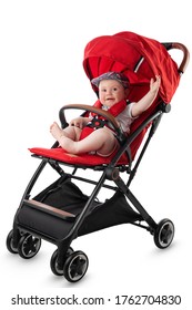 Happy Cute Baby Boy In Red Pram Ready For A Summer Walk 