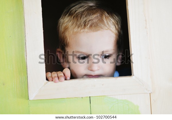 Happy Cute Child Wooden Window Playground Stock Photo 102700544 ...