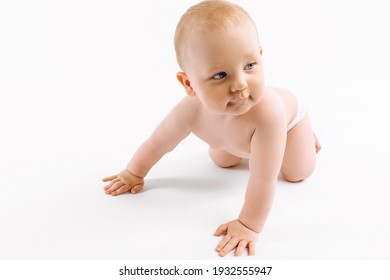 Happy Cute Little Baby In Diaper Crawling On Isolated White Background