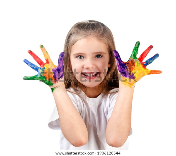 Happy Cute Little Girl Colorful Painted Stock Photo 1906128544 ...