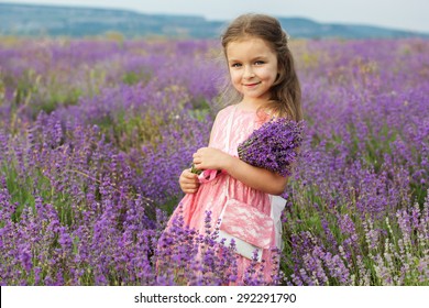Happy cute little girl is in a lavender field is wearing pink dress holding bouquet of purple flowers