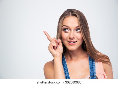 Happy Cute Woman Pointing Finger Away Stock Photo 302380088 | Shutterstock