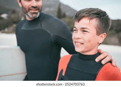 Happy, dad or child on beach for surfing, sports or exercise on outdoor bonding adventure. Surfer, father and son at ocean for swimming, teaching or learning together with support, surfboard or smile - Powered by Shutterstock