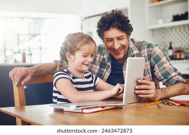 Happy, dad and girl with tablet for homework in home to read on elearning for child development, knowledge and growth. Parent, kid and support with help for learning on internet for educational games - Powered by Shutterstock