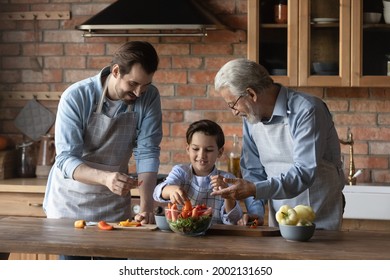 Happy dad and grandpa teaching boy to make salad. Father, grandfather and kid cooking lunch from healthy food in kitchen together, slicing fresh vegetable for organic meal, keeping vegetarian diet - Powered by Shutterstock