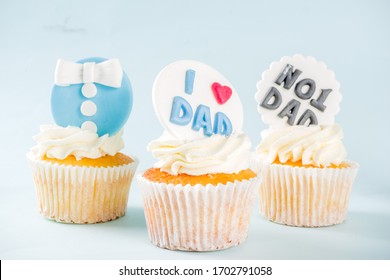 Happy Father’s Day greeting card.  Greetings and presents for Dad's day - gift box, coffee tea cup, tie, homemade special cupcakes.  - Powered by Shutterstock