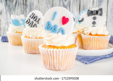 Happy Father’s Day greeting card.  Greetings and presents for Dad's day - gift box, coffee tea cup, tie, homemade special cupcakes.  - Powered by Shutterstock