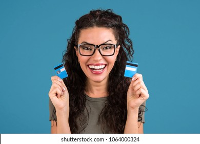 Happy Debt Free Woman In Glasses Holding A Credit Card Cut In Two Pieces 