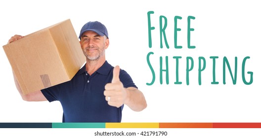 Happy Delivery Man Holding Cardboard Box Showing Thumbs Up Against Free Shipping