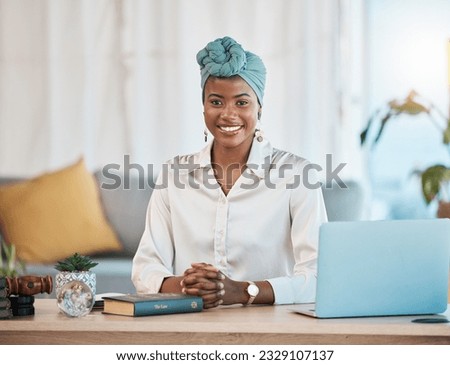 Happy, desk and portrait of a black woman for remote work, entrepreneurship or home management. Smile, business and an African employee or girl at a table in a house for a professional workspace