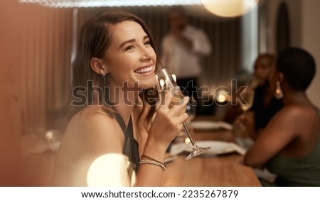 Happy, dinner party and woman with glass of champagne for special celebration event, friendship reunion or New Year. Fine dining restaurant, friends and elegant girl with alcohol drink to celebrate