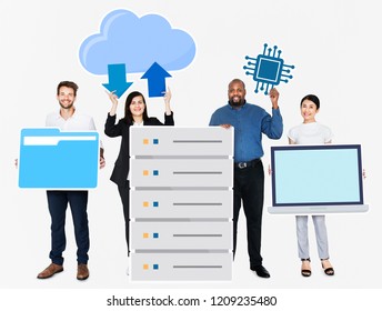 Happy diverse business people holding office technology icons