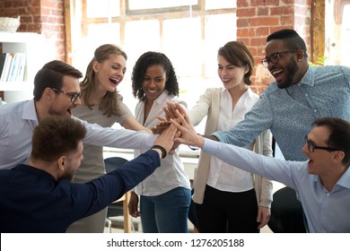 Happy Diverse Colleagues Team People Give High Five Together Celebrate Great Teamwork Result Motivated By Business Success Victory Loyalty Unity Concept, Good Corporate Relations And Teambuilding