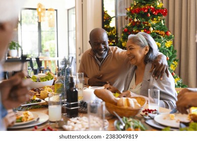 Happy diverse couple of senior friends celebrating at christmas dinner in sunny dining room. Retirement, friendship, christmas, celebration, meal, senior lifestyle, communication unaltered. - Powered by Shutterstock