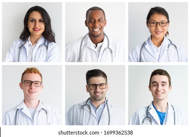 Happy diverse doctors team portrait set. Young men and women of different races in white coats multiple shot collage. Medicine concept