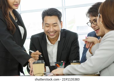 Happy Diverse Employees Team Celebrating Teamwork Success, Business Achievement At Meeting. Group Of Successful Happy Business People Working As A Team In Office On Meeting.