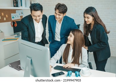 Happy Diverse Employees Team Celebrating Teamwork Success, Business Achievement At Meeting. Group Of Successful Happy Business People Working As A Team In Office On Meeting.