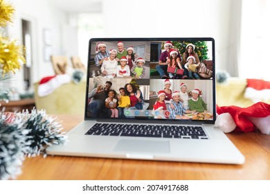 Happy Diverse Families Smiling On Laptop Group Video Call Screen At Christmas Time. Christmas, Festivity And Communication Technology.