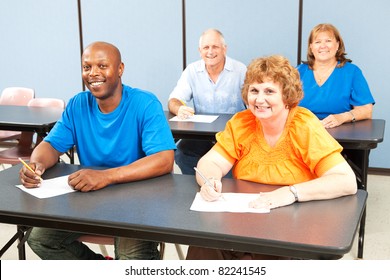 Happy, Diverse Group Of Adult Education Students In Class.