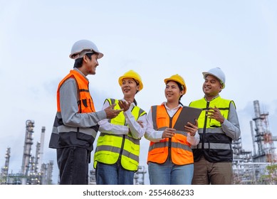 Happy diverse group of petrochemical engineers working together with digital tablet with petroleum oil refinery in industrial estate background. Engineers at power plant energy industry manufacturing. - Powered by Shutterstock