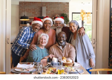 Happy diverse group of senior friends posing to picture at christmas dinner in sunny dining room. Retirement, friendship, christmas, celebration, meal, senior lifestyle, communication unaltered. - Powered by Shutterstock