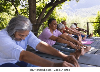 Happy diverse group of senior friends stretching at yoga class in sunny garden, copy space. Retirement, friendship, wellbeing, yoga, fitness and healthy senior lifestyle, unaltered. - Powered by Shutterstock