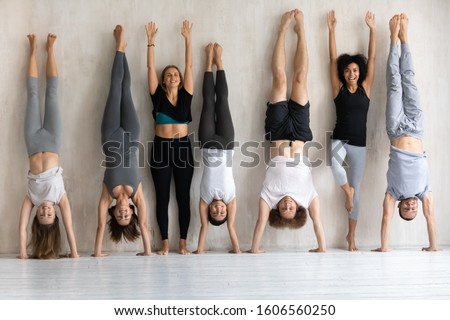 Happy diverse people doing handstand Adho Mukha Vrksasana at grey yoga studio wall background, fitness center staff portrait, young sporty men and women practicing yoga, posing for photo together