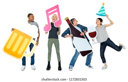 Happy diverse people holding celebratory icons