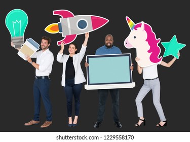 Happy diverse people holding creative idea icons