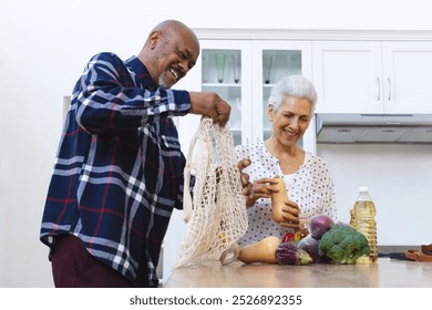 Happy diverse senior couple unpacking groceries in kitchen. Lifestyle, retirement, senior lifestyle, shopping, togetherness and domestic life, unaltered. - Powered by Shutterstock