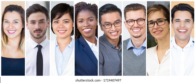 Happy Diverse Team Members Corporate Portrait Set. Smiling Men And Women Of Different Races Multiple Shot Collage. Business People And Job Concept