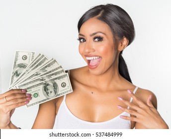 Happy Diverse Woman Holding Wad Of Money, Smiling Happily