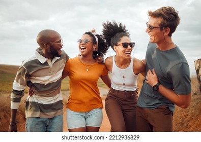 Happy, diversity and friends on a safari holiday or vacation trip outdoors in Australia as a young group. Funny women, memory and excited people enjoy laughing, adventure and nature with freedom - Powered by Shutterstock