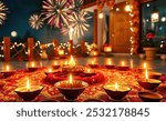 Happy Diwali Festival Celebration with Illuminated Clay Lamps Indian festival Diwali, Diya oil lamps lit on colorful rangoli.  bussines, poster, wallpaper, banner, greeting cards, and advertising.