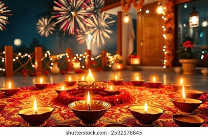 Happy Diwali Festival Celebration with Illuminated Clay Lamps Indian festival Diwali, Diya oil lamps lit on colorful rangoli.  bussines, poster, wallpaper, banner, greeting cards, and advertising. - Powered by Shutterstock