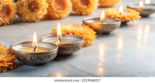 Happy Diwali festival with lit Diya. Colorful traditional oil lamps shimmer against the sparkling background - Powered by Shutterstock