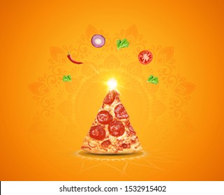 Happy Diwali Indian Festival Holiday Design With Pizza Shape Of Crackers On Orange Or Yellow Background. Various Masala Explosion With Decorative Festive Background For Restaurant Or Food Brand.