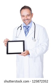 Happy Doctor Holding Blank Digital Tablet On White Background