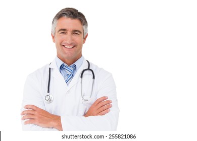 Happy doctor smiling at camera on white background - Powered by Shutterstock