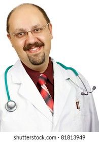 Happy doctor in white coat ready to help over a white background