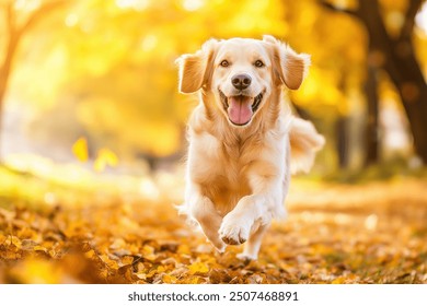 Happy dog in autumn park at sunny day