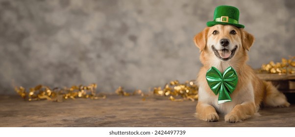 Happy dog celebrating St. Patrick's Day, close-up. A young dog in a leprechaun hat. Panorama. St. Patrick's Day theme concept. Copy space. - Powered by Shutterstock