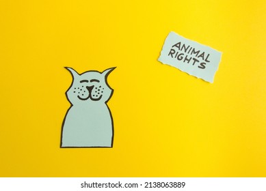 Happy Dog Drawing With Inscription On Yellow Background. Animal Rights Concept