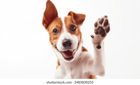 happy dog giving a high five isolated on white, with copy space area	