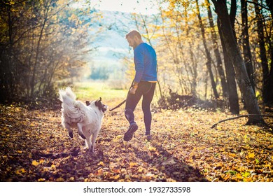 happy dog and man playing in autumn forest - Powered by Shutterstock